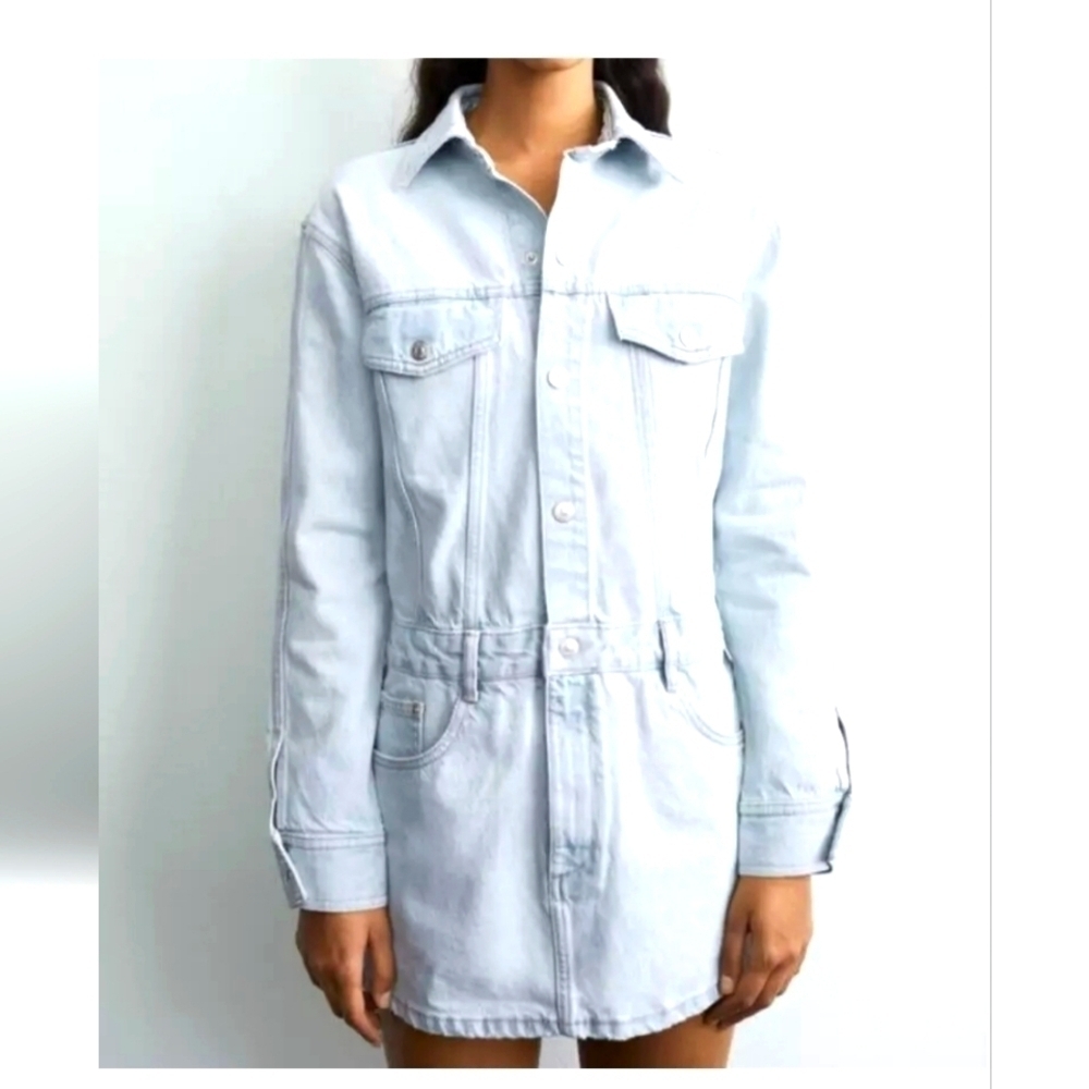 Zara Light Wash Blue Denim Dress Long Sleeve Size XS Casual Mini Dress Pockets